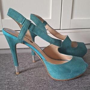 Guess Teal Suede Slingback Peep-Toe Heels